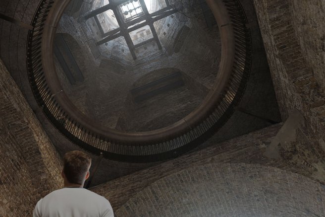 Ein Foto zeigt eine Visualisierung zu der geplanten Öffnung des Turmhelms.