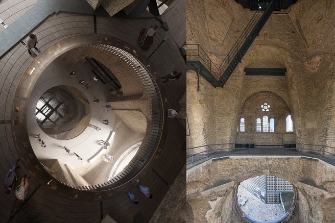 Hier sieht man links eine Visualisierung von dem zukünftigen Turm von Innen und rechts ein Foto von dem aktuellen Zustand der inneren Turmruine.