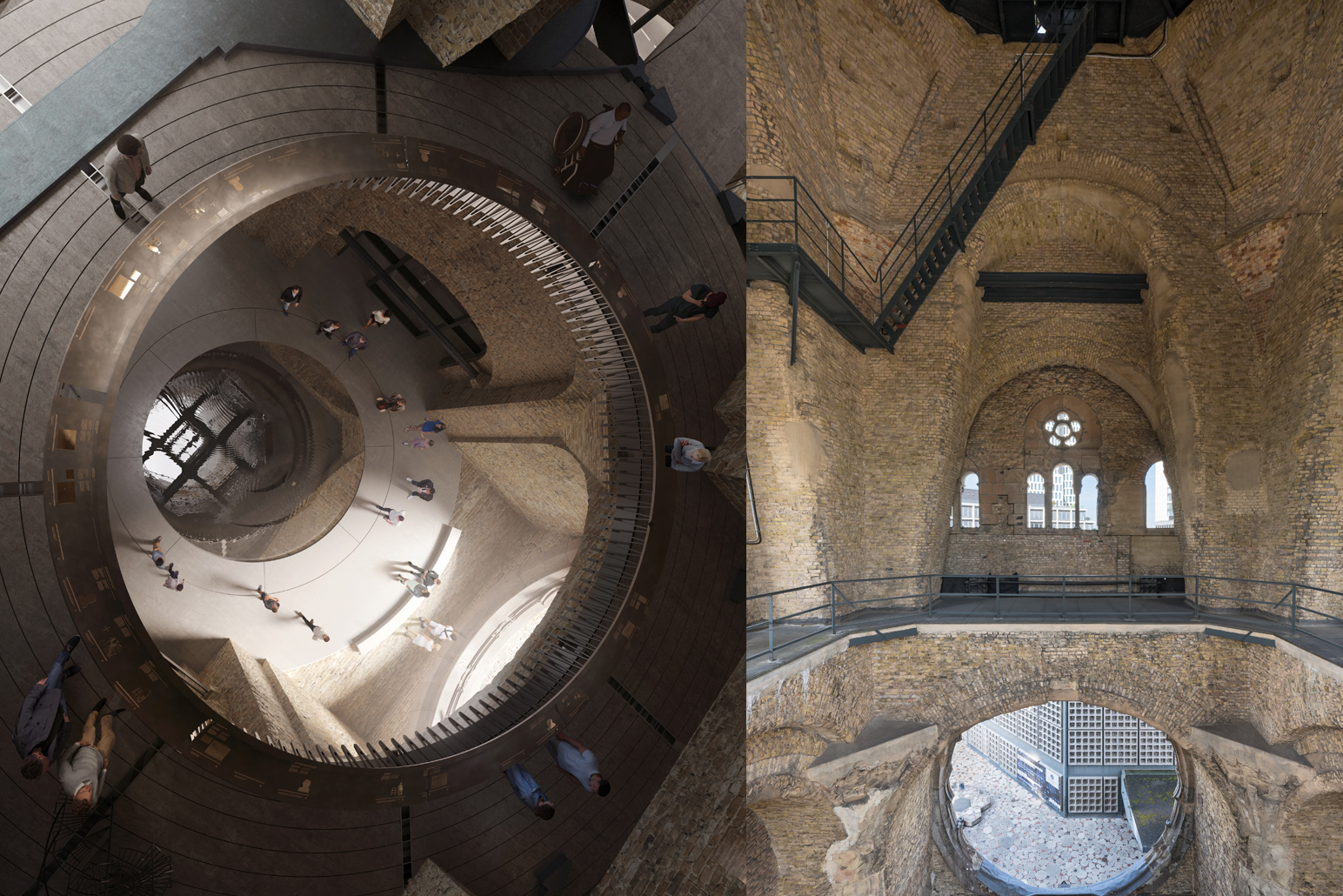 Hier sieht man links eine Visualisierung von dem zukünftigen Turm von Innen und rechts ein Foto von dem aktuellen Zustand der inneren Turmruine.